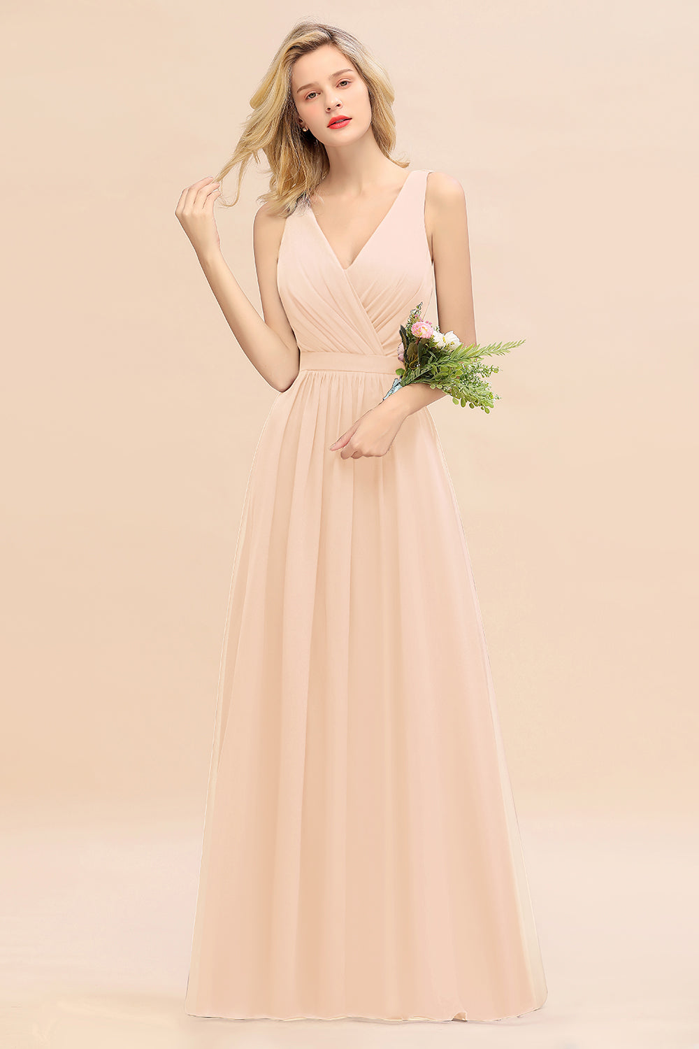 Elegant Chiffon V-neck Wide Straps A-line Floor Length Bridesmaid Dress With Bowknot