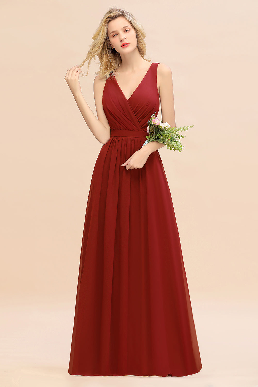 Elegant Chiffon V-neck Wide Straps A-line Floor Length Bridesmaid Dress With Bowknot