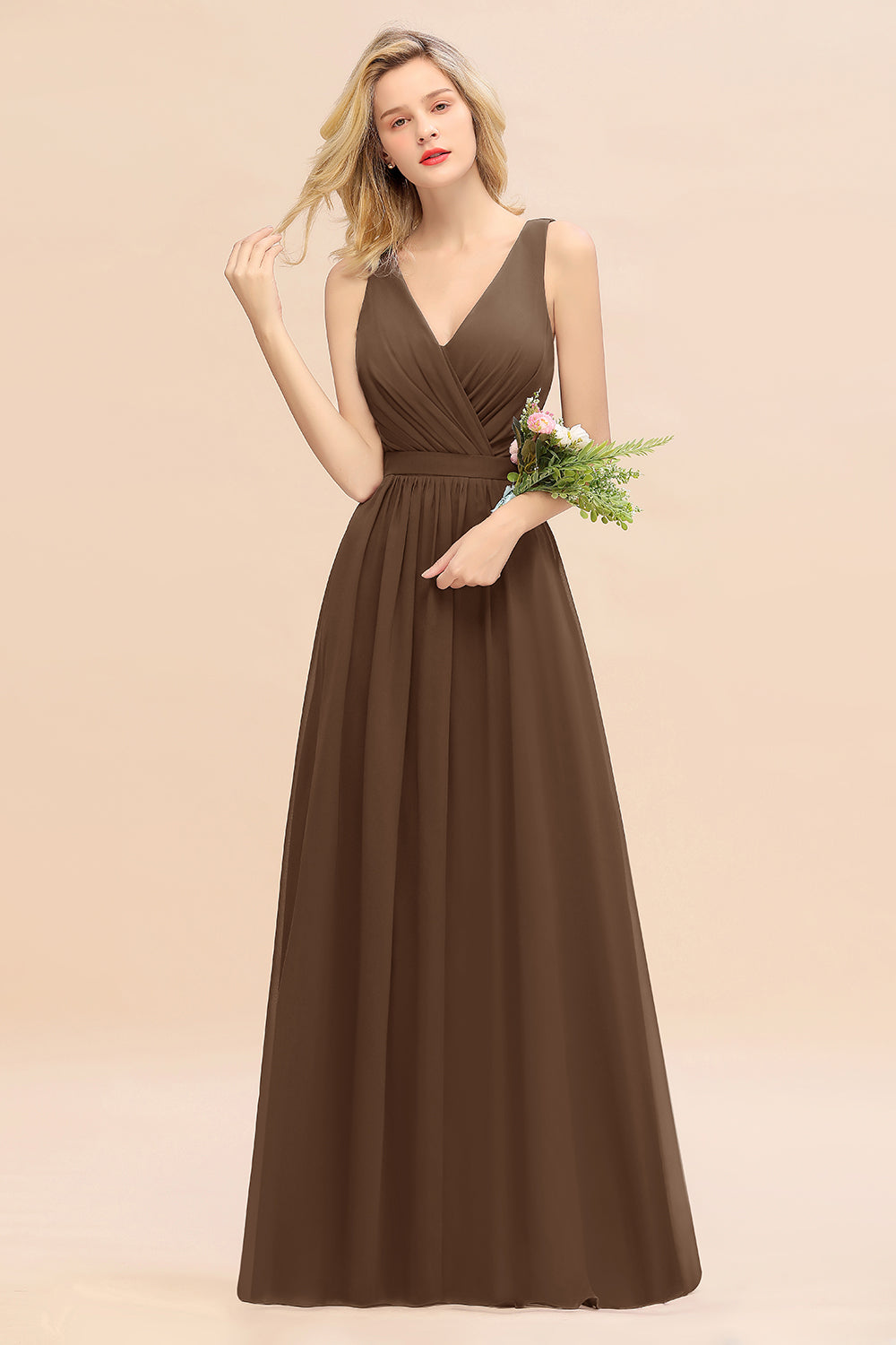 Elegant Chiffon V-neck Wide Straps A-line Floor Length Bridesmaid Dress With Bowknot
