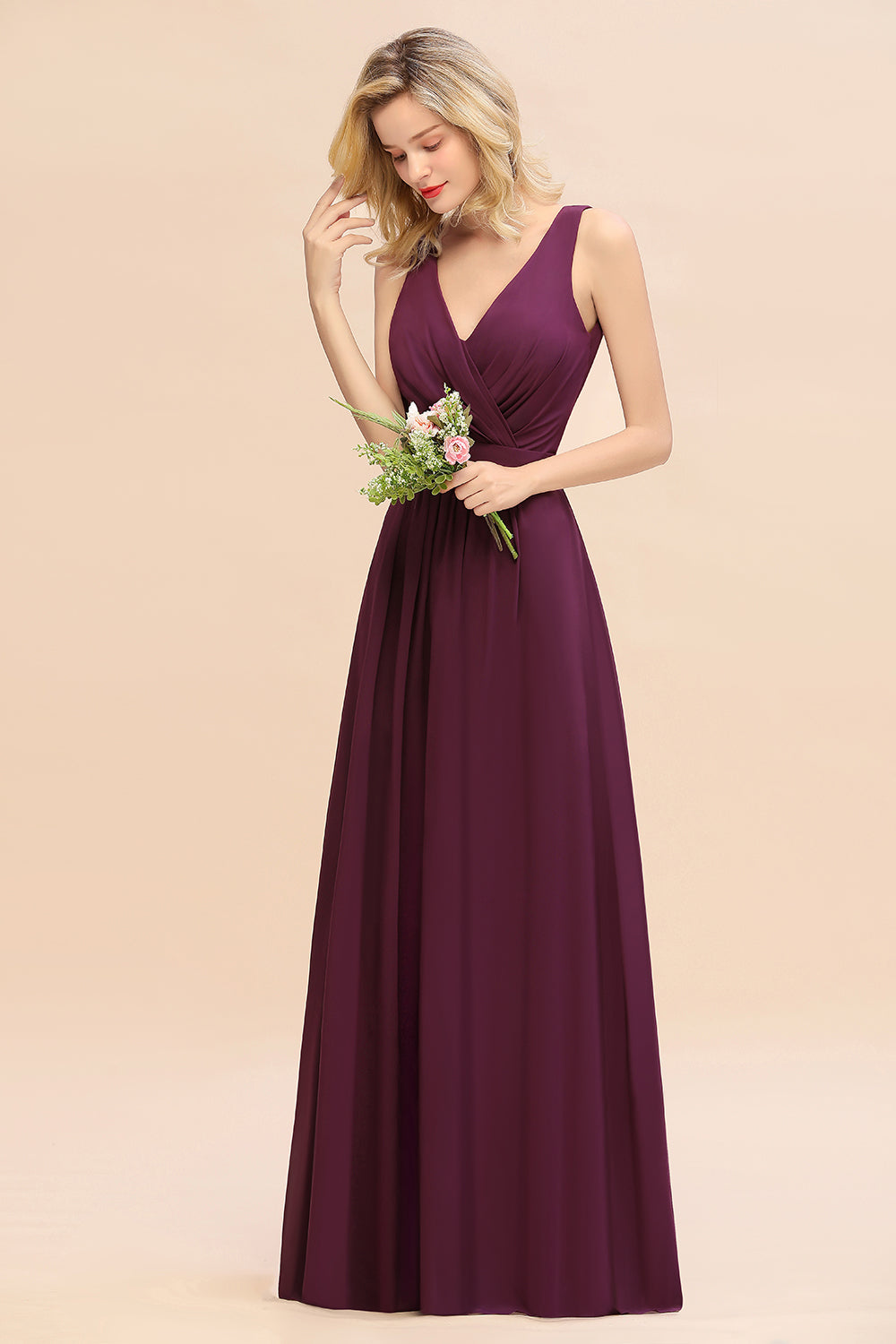 Elegant Chiffon V-neck Wide Straps A-line Floor Length Bridesmaid Dress With Bowknot