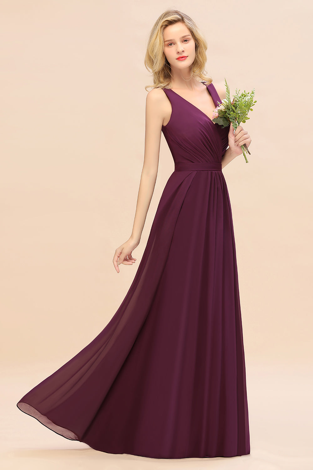 Elegant Chiffon V-neck Wide Straps A-line Floor Length Bridesmaid Dress With Bowknot