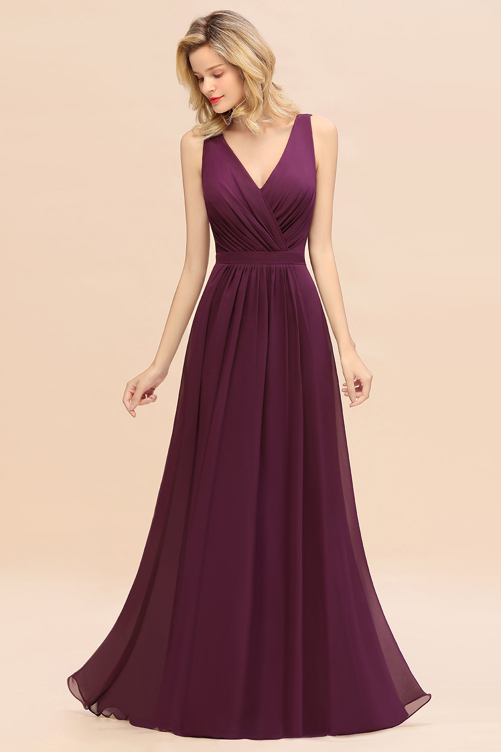 Elegant Chiffon V-neck Wide Straps A-line Floor Length Bridesmaid Dress With Bowknot