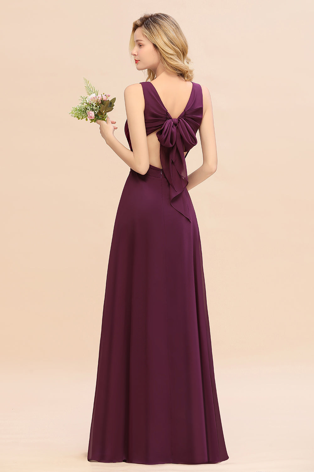 Elegant Chiffon V-neck Wide Straps A-line Floor Length Bridesmaid Dress With Bowknot
