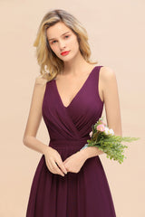 Elegant Chiffon V-neck Wide Straps A-line Floor Length Bridesmaid Dress With Bowknot