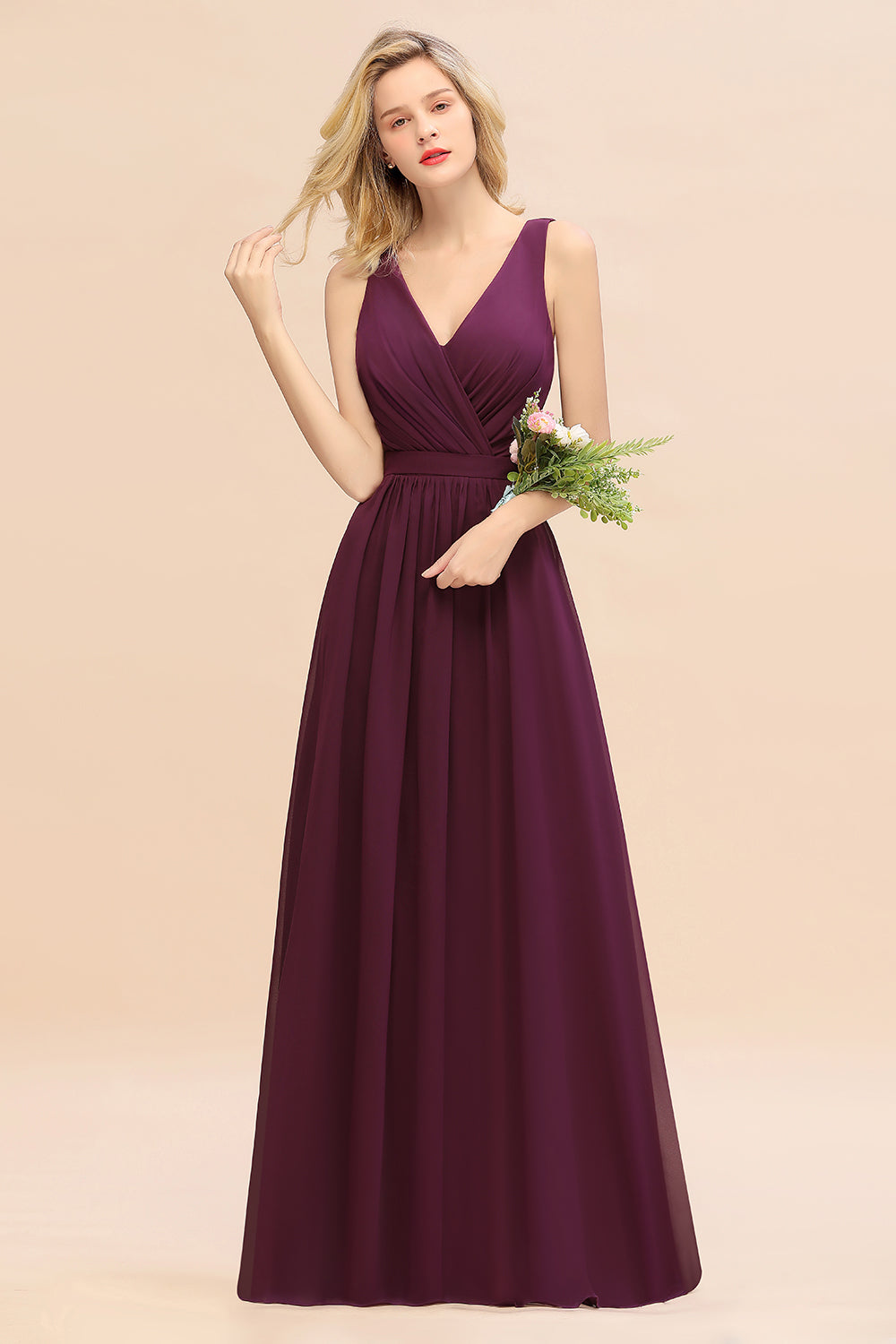 Elegant Chiffon V-neck Wide Straps A-line Floor Length Bridesmaid Dress With Bowknot