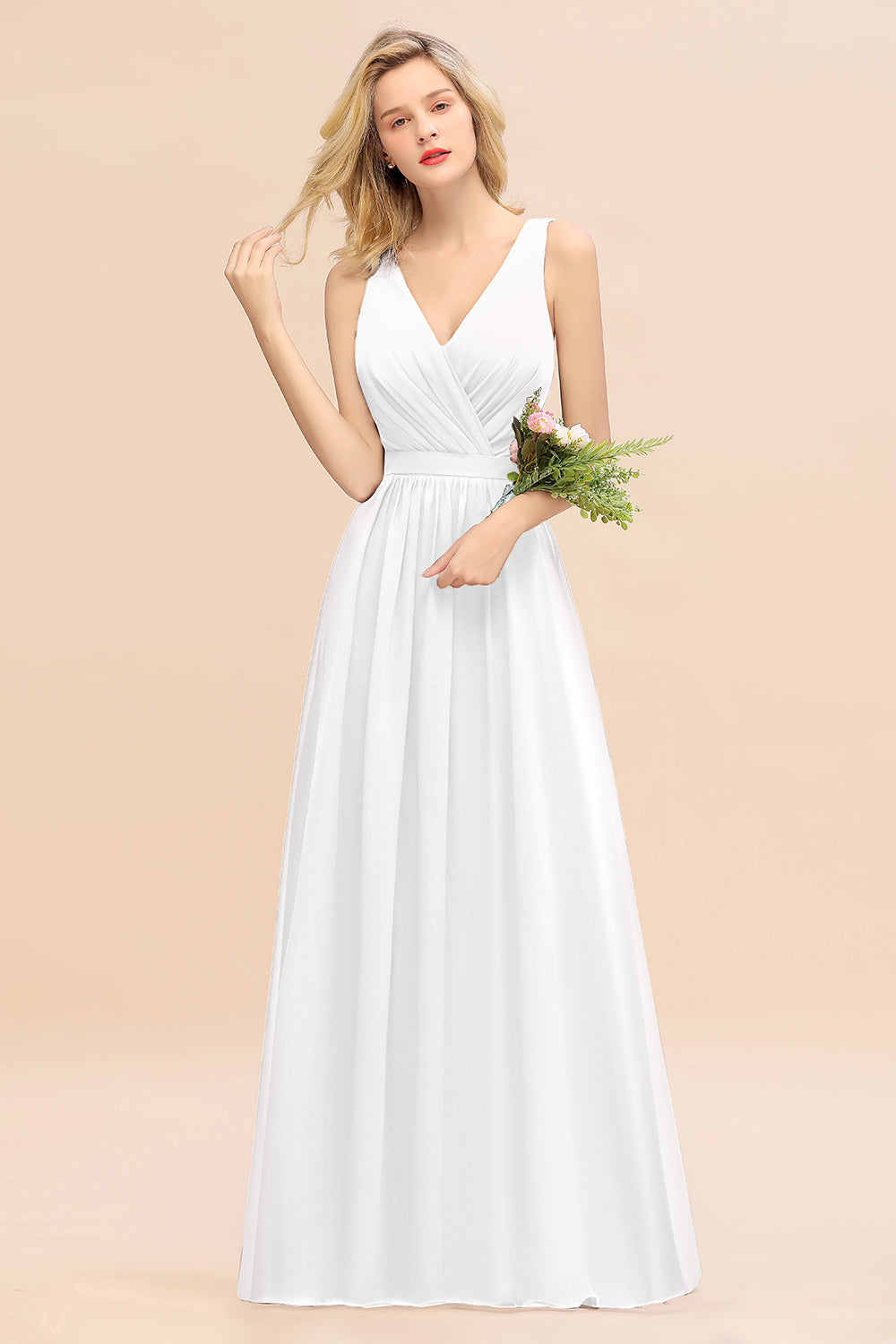 Elegant Chiffon V-neck Wide Straps A-line Floor Length Bridesmaid Dress With Bowknot