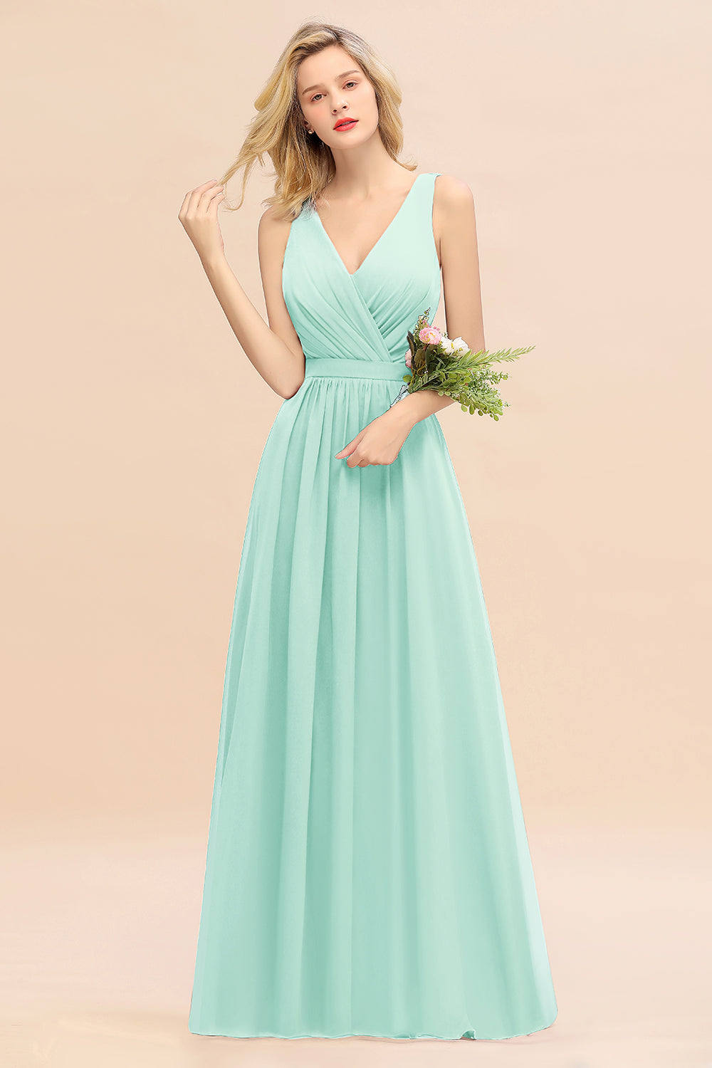 Elegant Chiffon V-neck Wide Straps A-line Floor Length Bridesmaid Dress With Bowknot