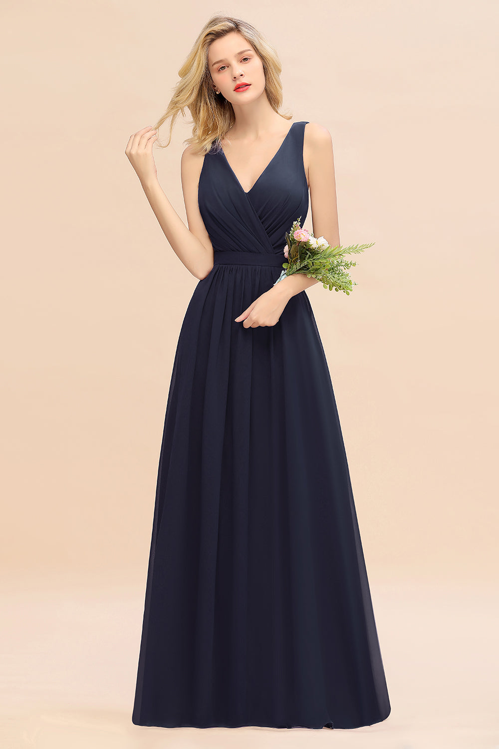 Elegant Chiffon V-neck Wide Straps A-line Floor Length Bridesmaid Dress With Bowknot