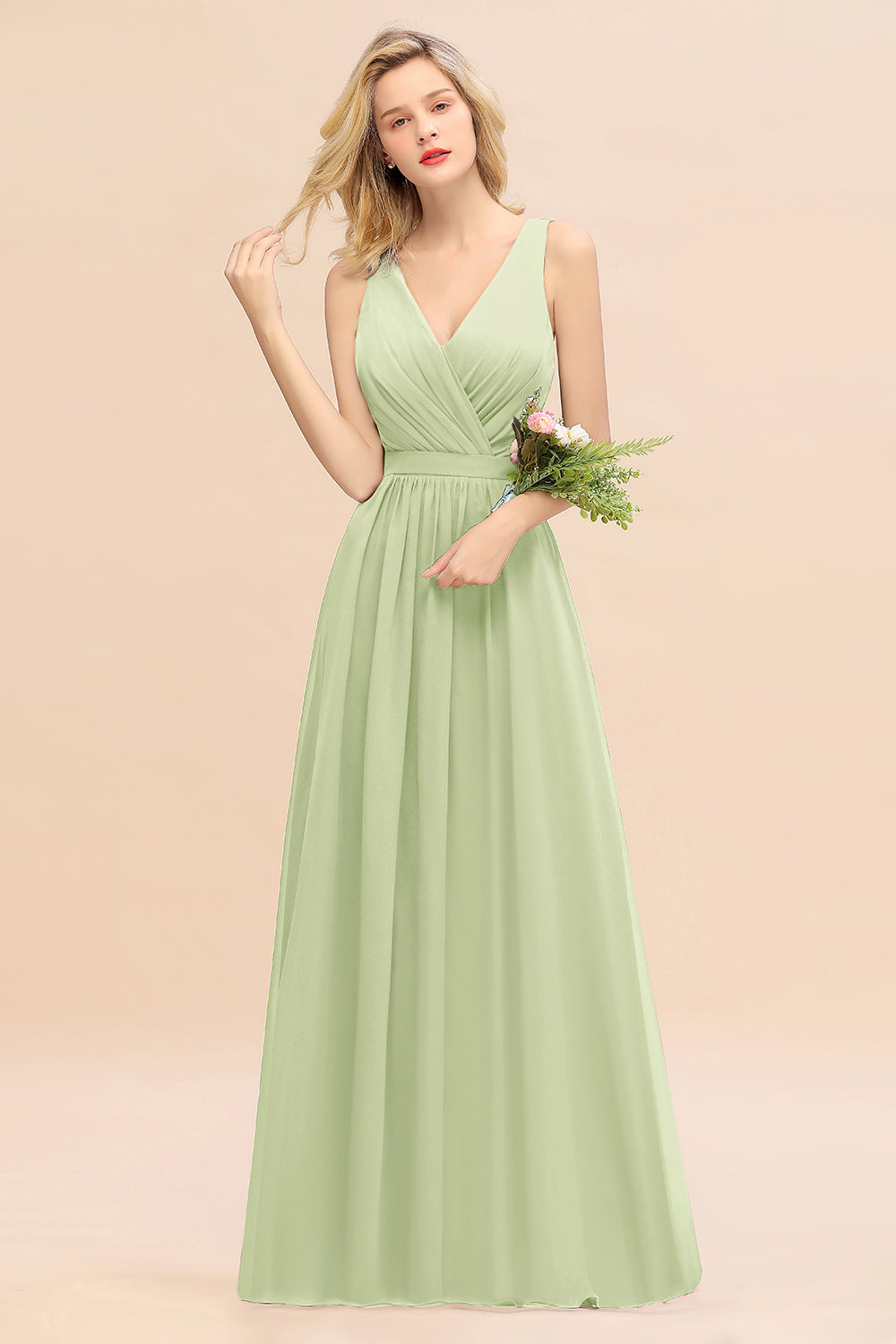 Elegant Chiffon V-neck Wide Straps A-line Floor Length Bridesmaid Dress With Bowknot