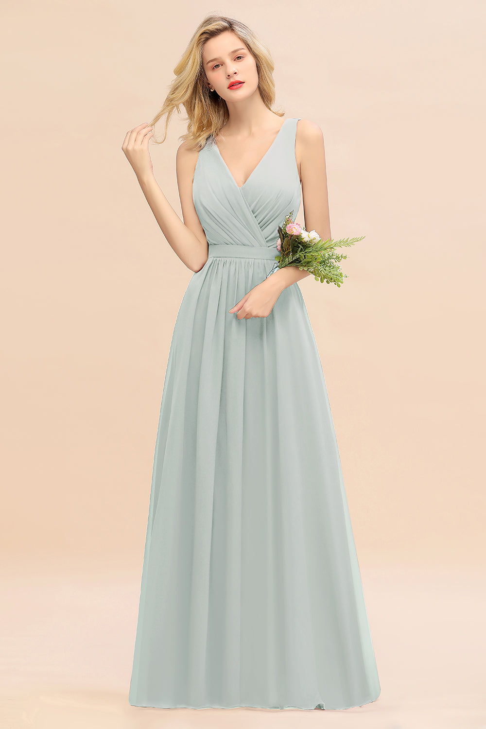 Elegant Chiffon V-neck Wide Straps A-line Floor Length Bridesmaid Dress With Bowknot