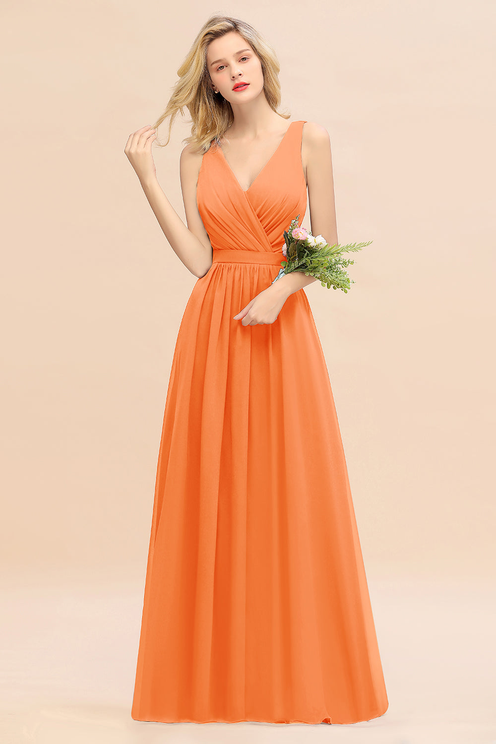 Elegant Chiffon V-neck Wide Straps A-line Floor Length Bridesmaid Dress With Bowknot