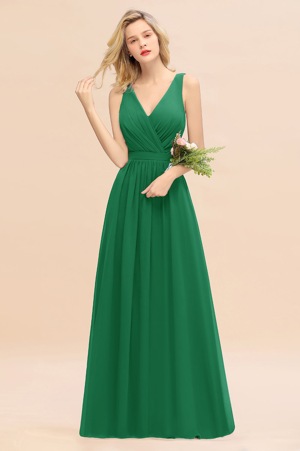 Elegant Chiffon V-neck Wide Straps A-line Floor Length Bridesmaid Dress With Bowknot