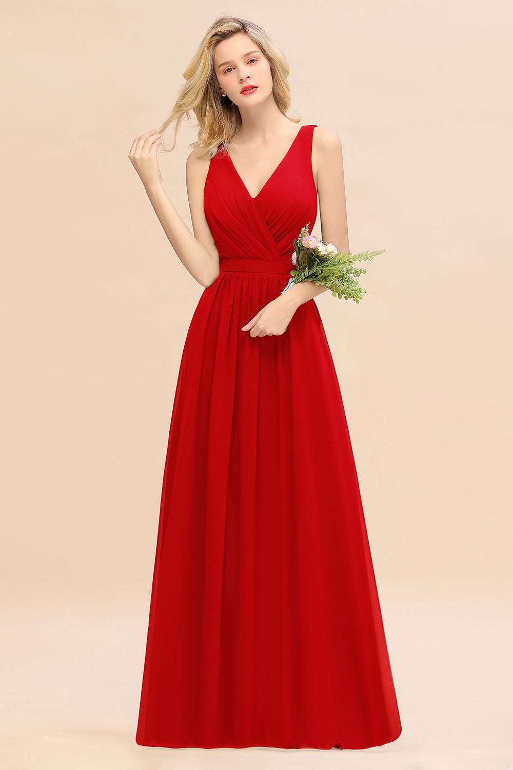 Elegant Chiffon V-neck Wide Straps A-line Floor Length Bridesmaid Dress With Bowknot