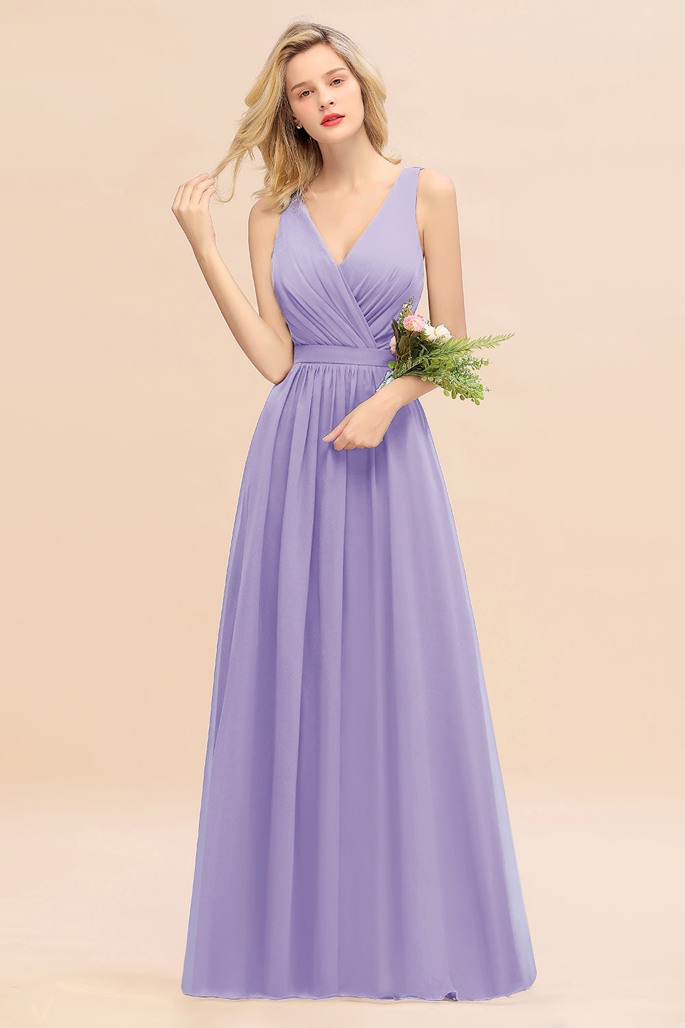 Elegant Chiffon V-neck Wide Straps A-line Floor Length Bridesmaid Dress With Bowknot