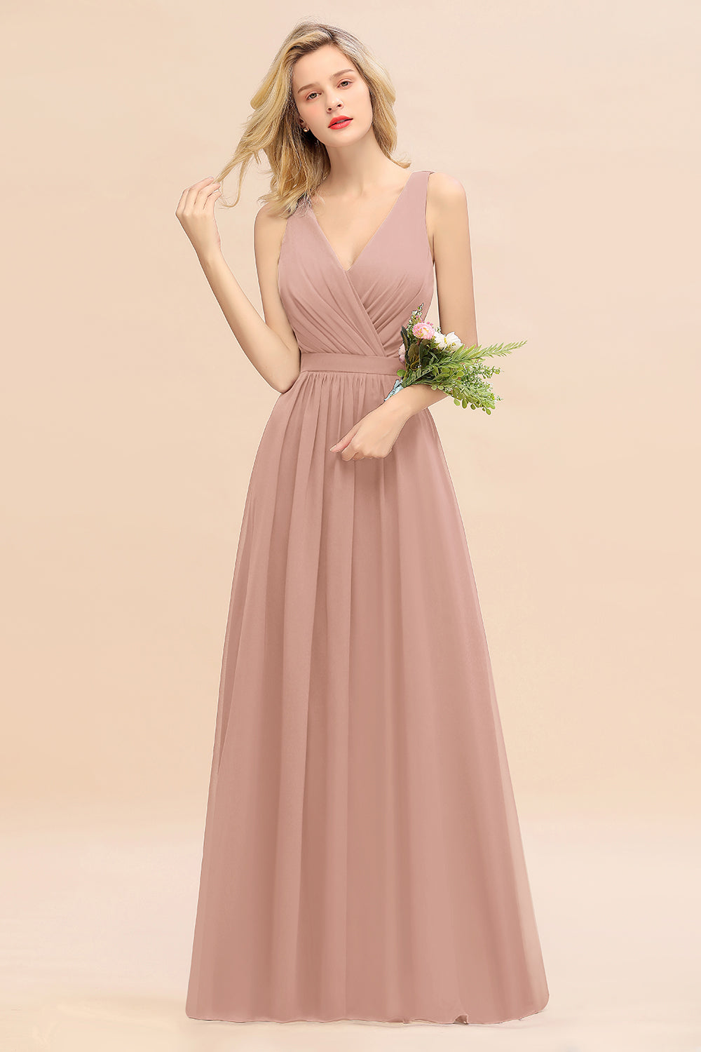 Elegant Chiffon V-neck Wide Straps A-line Floor Length Bridesmaid Dress With Bowknot