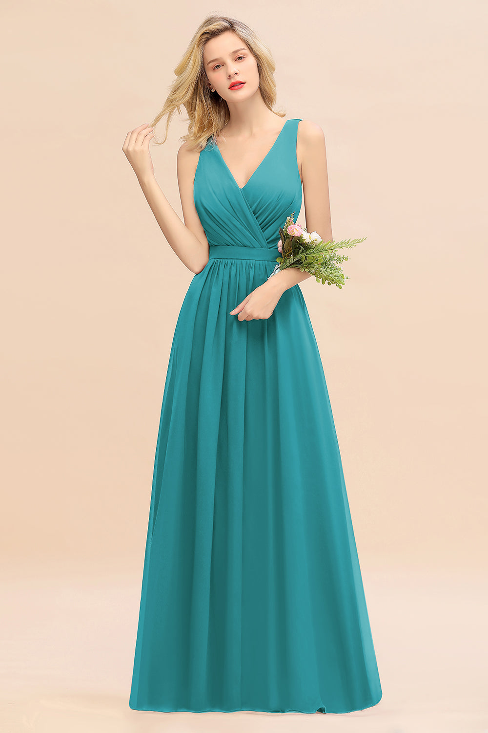 Elegant Chiffon V-neck Wide Straps A-line Floor Length Bridesmaid Dress With Bowknot
