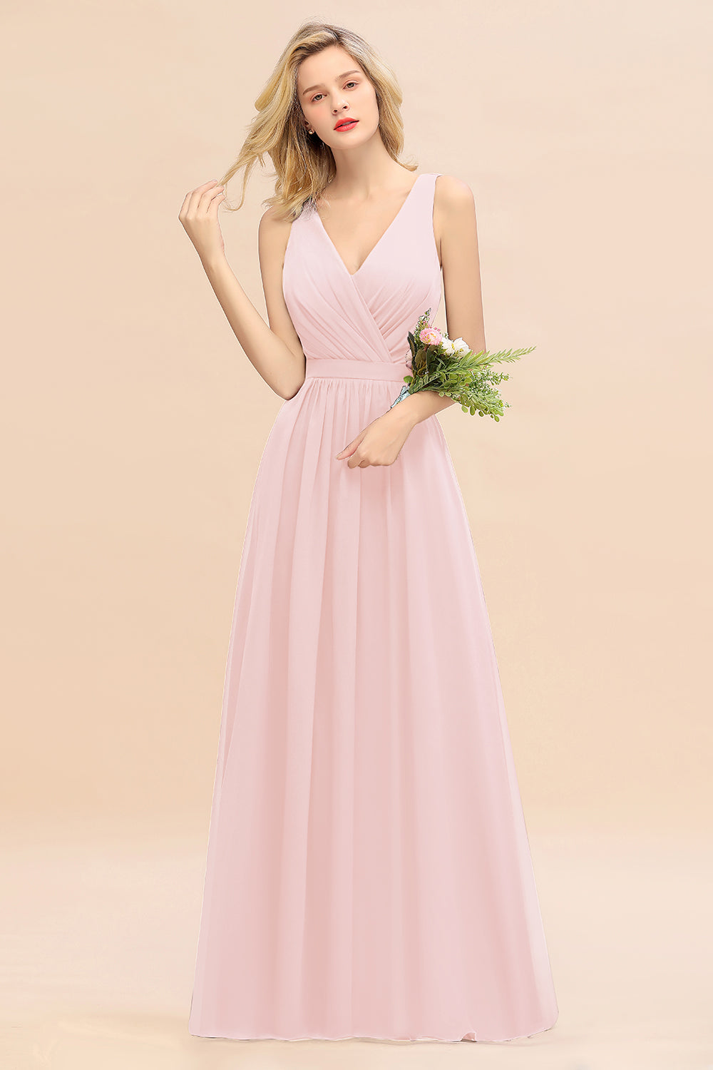 Elegant Chiffon V-neck Wide Straps A-line Floor Length Bridesmaid Dress With Bowknot