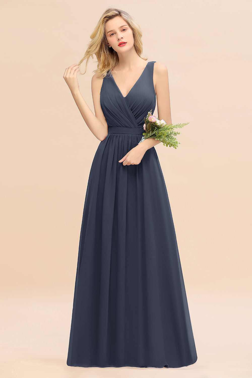 Elegant Chiffon V-neck Wide Straps A-line Floor Length Bridesmaid Dress With Bowknot