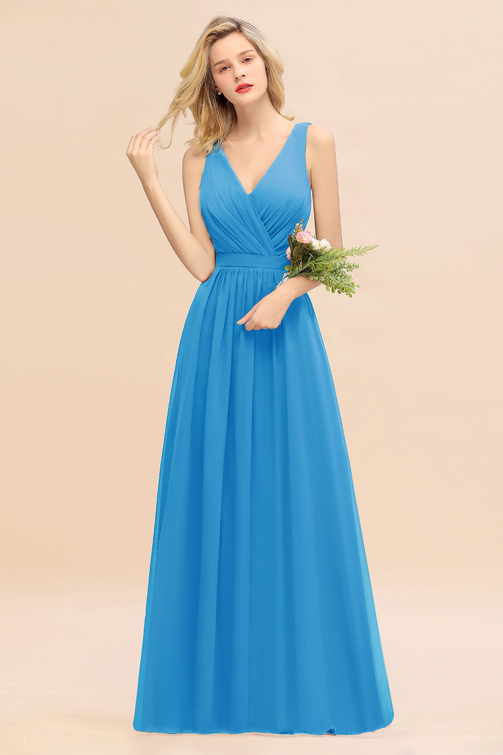 Elegant Chiffon V-neck Wide Straps A-line Floor Length Bridesmaid Dress With Bowknot