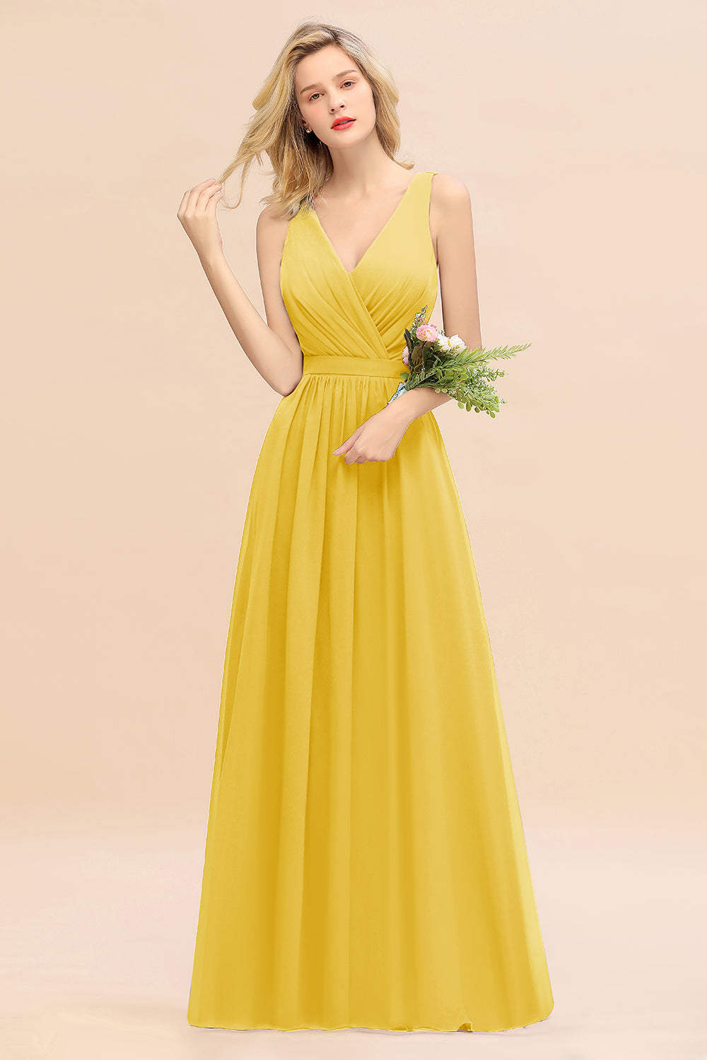 Elegant Chiffon V-neck Wide Straps A-line Floor Length Bridesmaid Dress With Bowknot