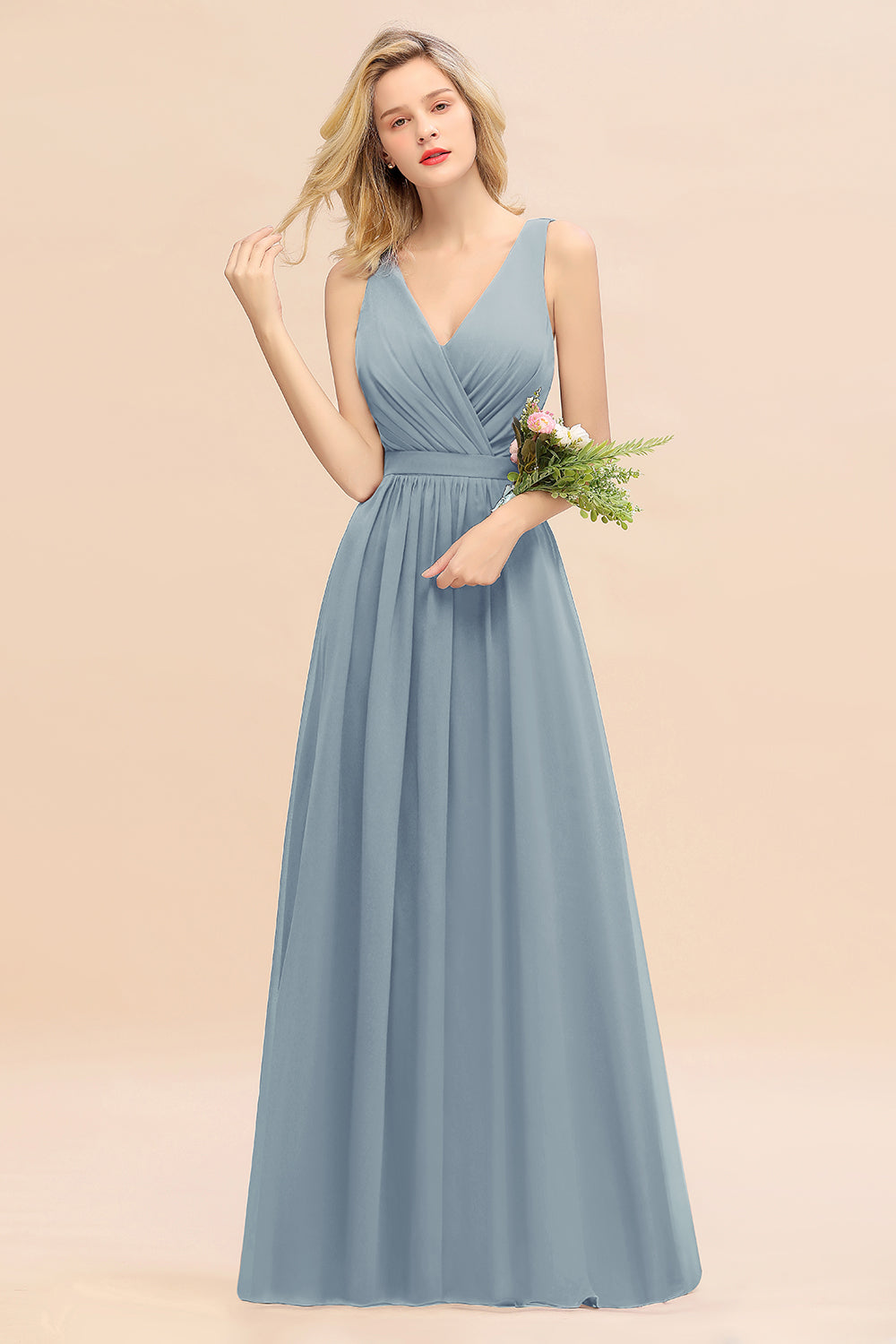 Elegant Chiffon V-neck Wide Straps A-line Floor Length Bridesmaid Dress With Bowknot