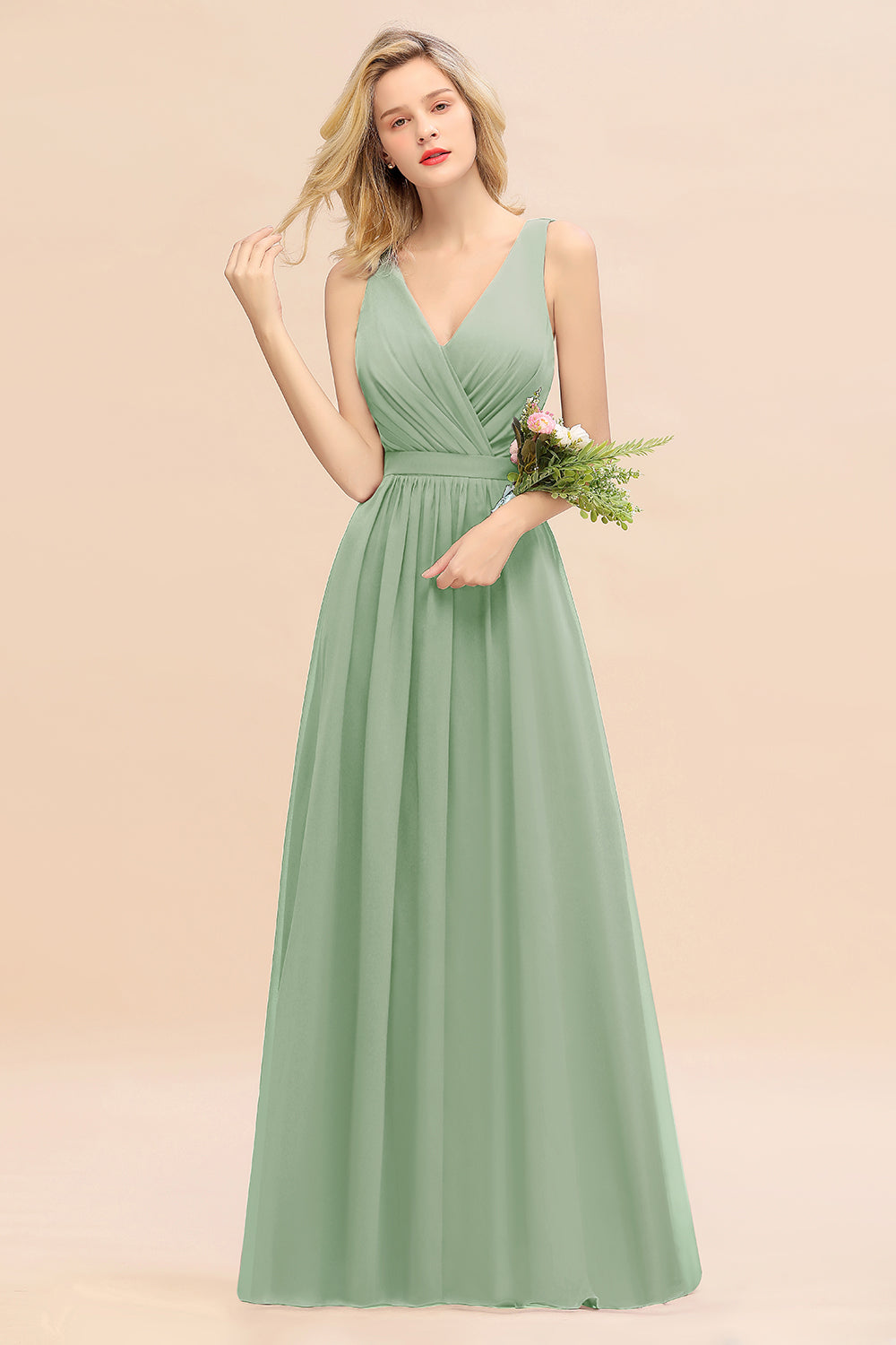 Elegant Chiffon V-neck Wide Straps A-line Floor Length Bridesmaid Dress With Bowknot