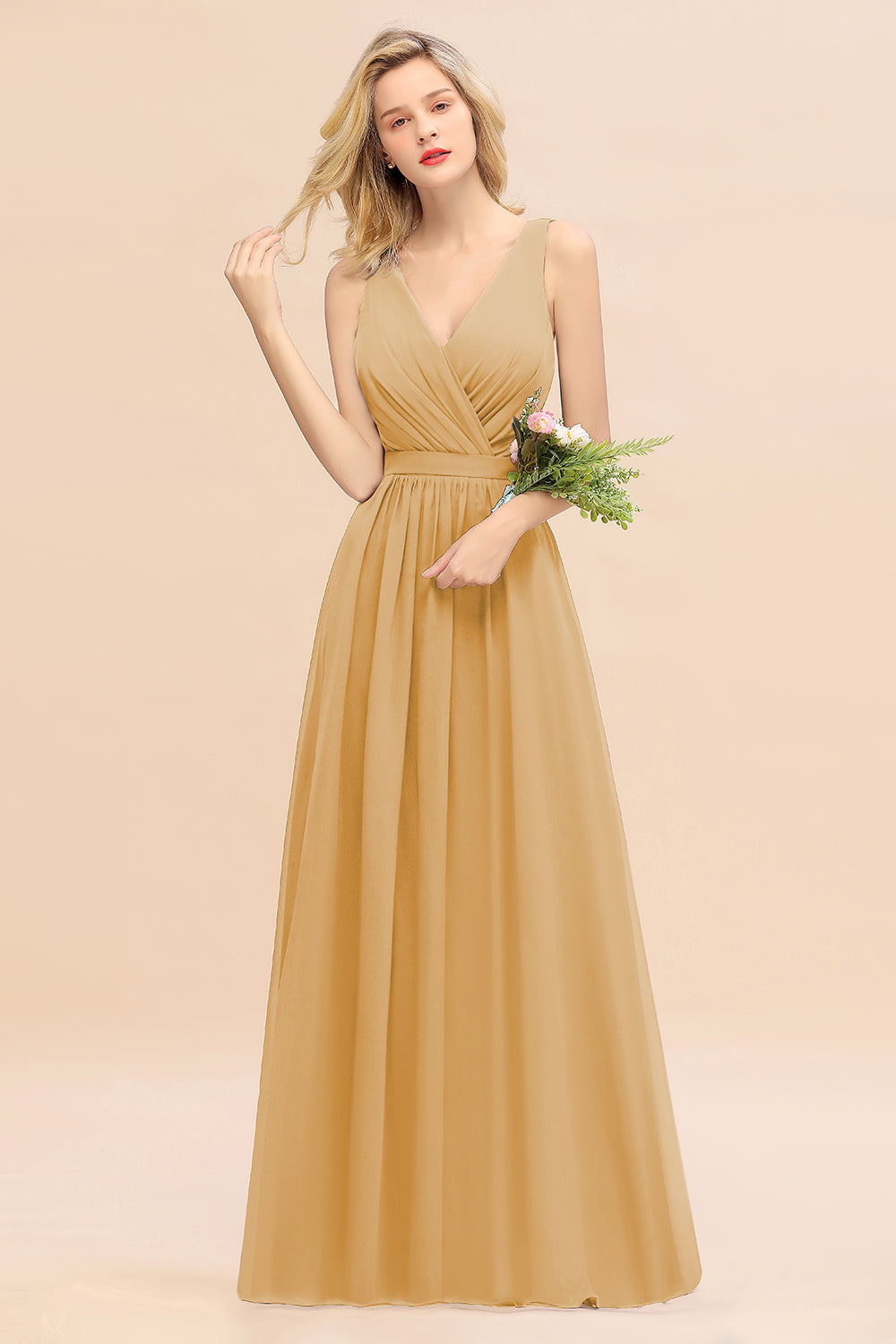 Elegant Chiffon V-neck Wide Straps A-line Floor Length Bridesmaid Dress With Bowknot