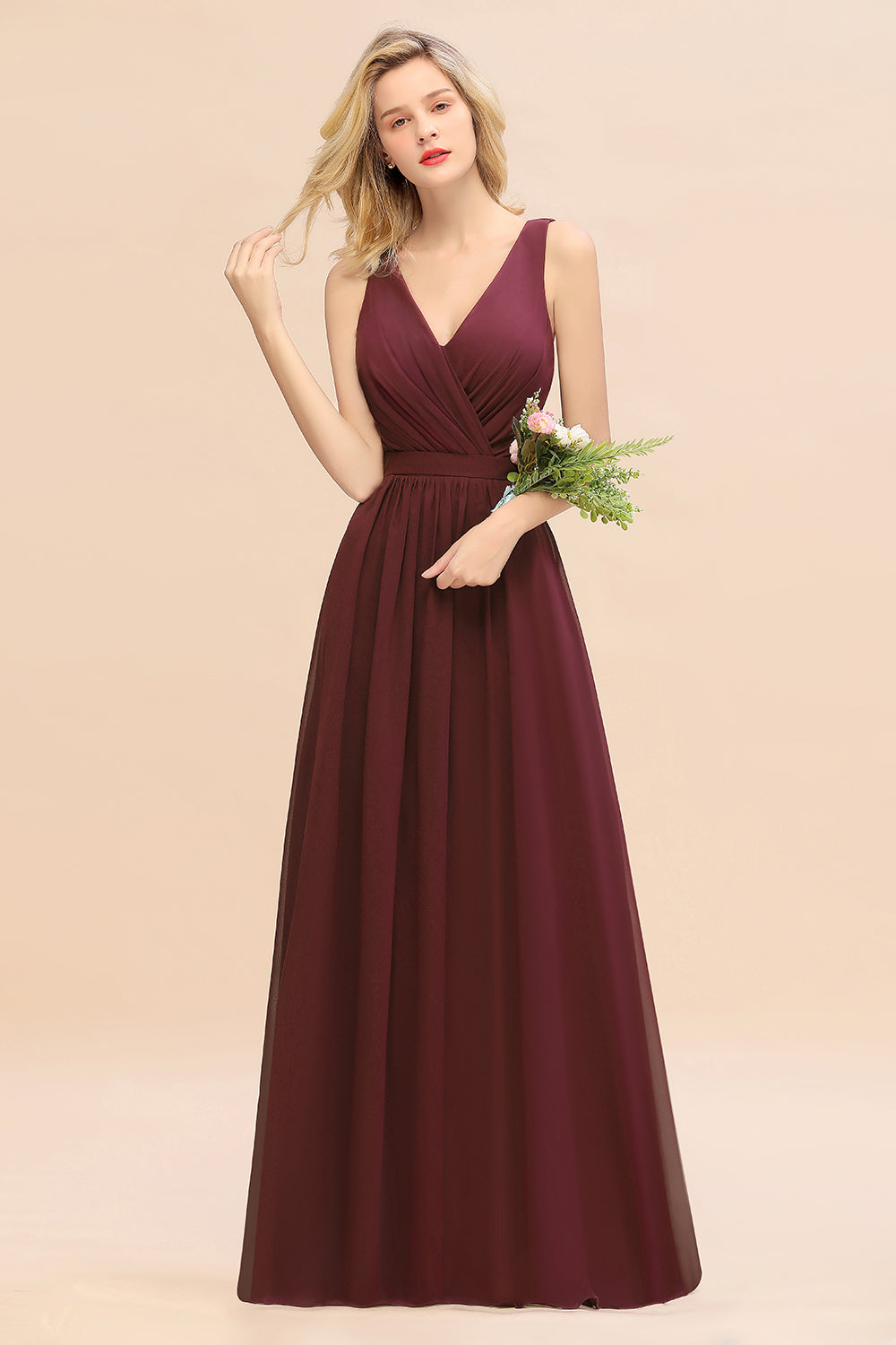 Elegant Chiffon V-neck Wide Straps A-line Floor Length Bridesmaid Dress With Bowknot