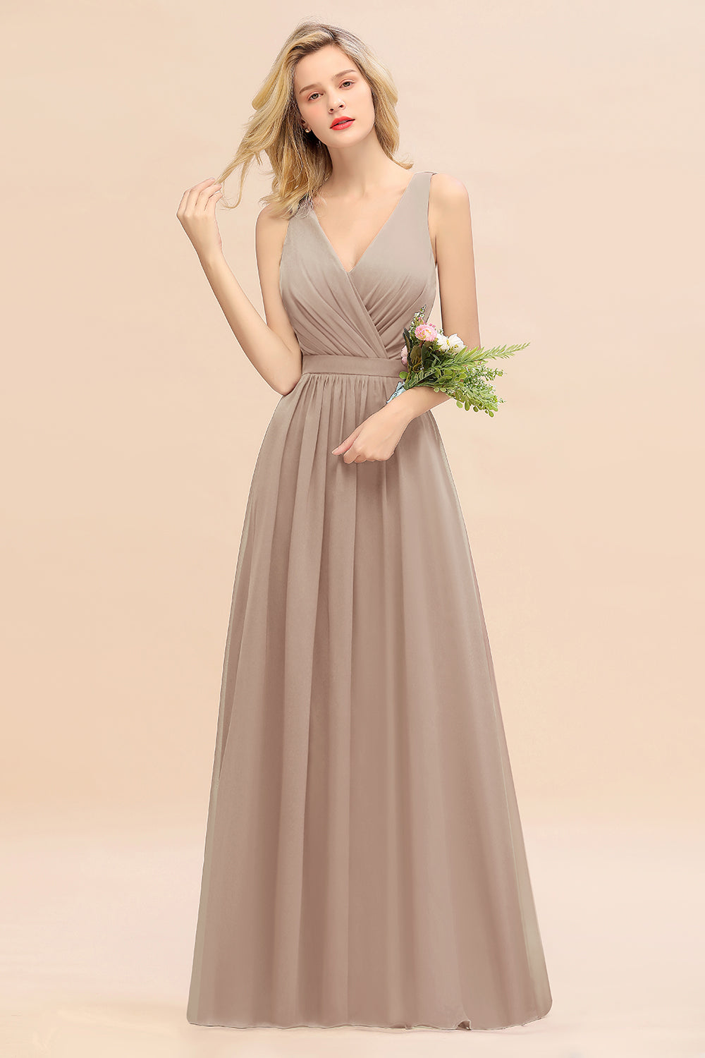 Elegant Chiffon V-neck Wide Straps A-line Floor Length Bridesmaid Dress With Bowknot