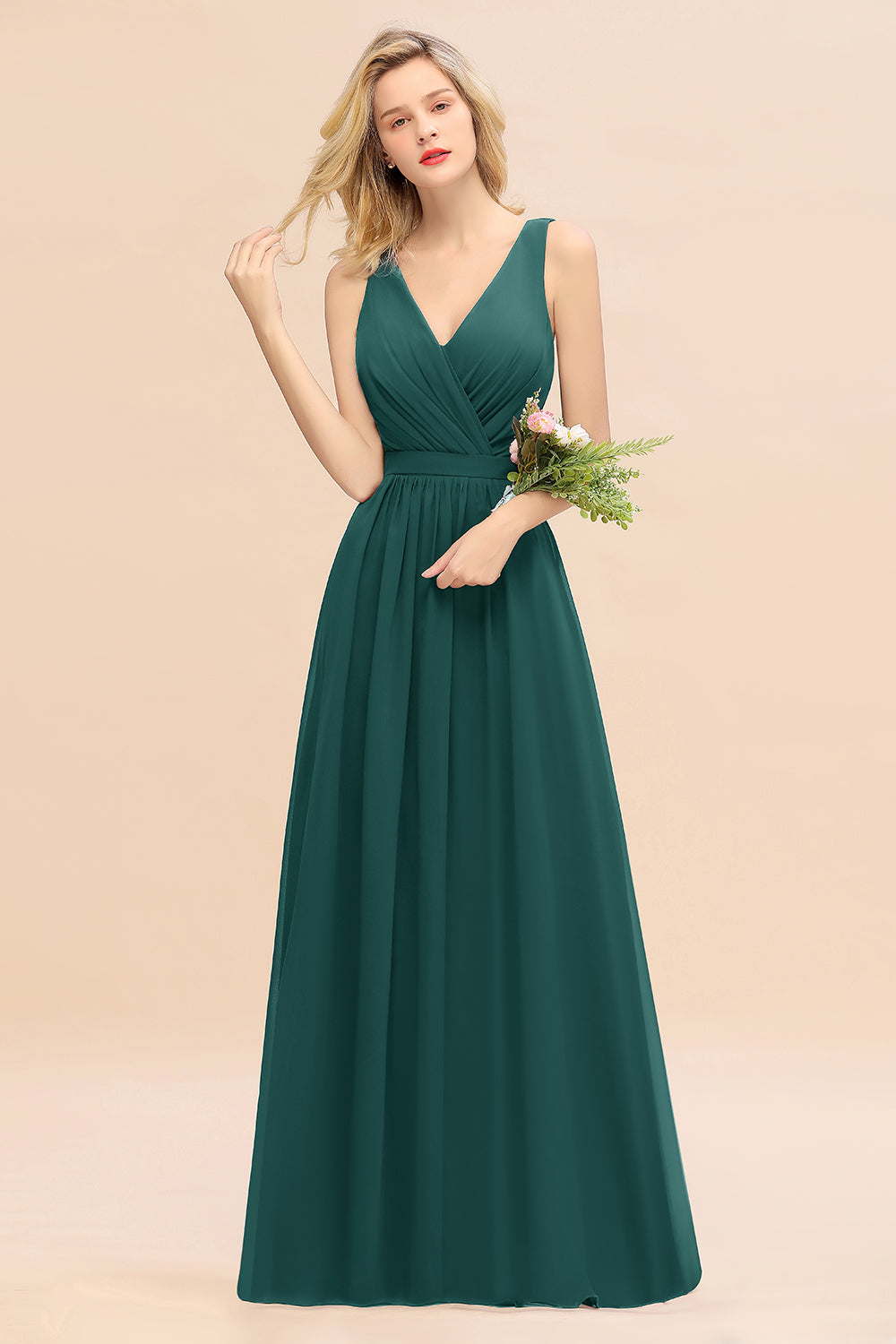Elegant Chiffon V-neck Wide Straps A-line Floor Length Bridesmaid Dress With Bowknot