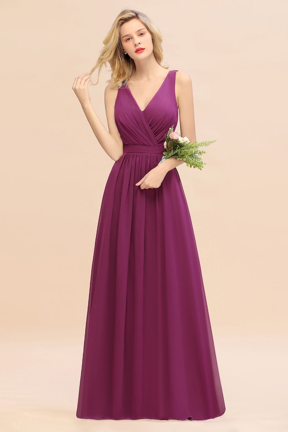 Elegant Chiffon V-neck Wide Straps A-line Floor Length Bridesmaid Dress With Bowknot