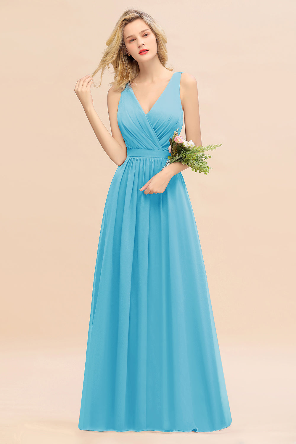 Elegant Chiffon V-neck Wide Straps A-line Floor Length Bridesmaid Dress With Bowknot