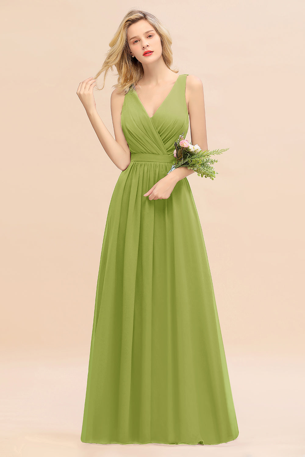 Elegant Chiffon V-neck Wide Straps A-line Floor Length Bridesmaid Dress With Bowknot