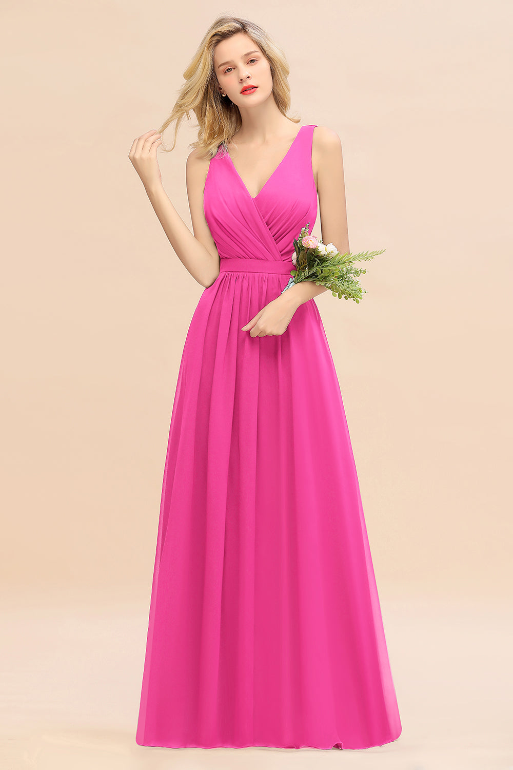 Elegant Chiffon V-neck Wide Straps A-line Floor Length Bridesmaid Dress With Bowknot