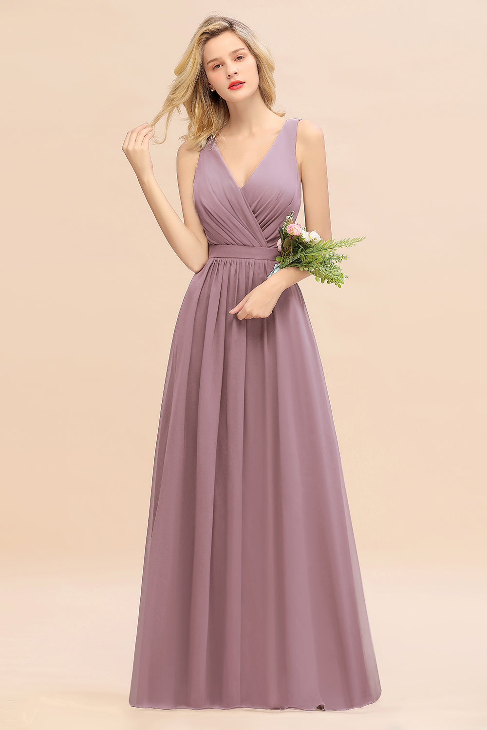 Elegant Chiffon V-neck Wide Straps A-line Floor Length Bridesmaid Dress With Bowknot