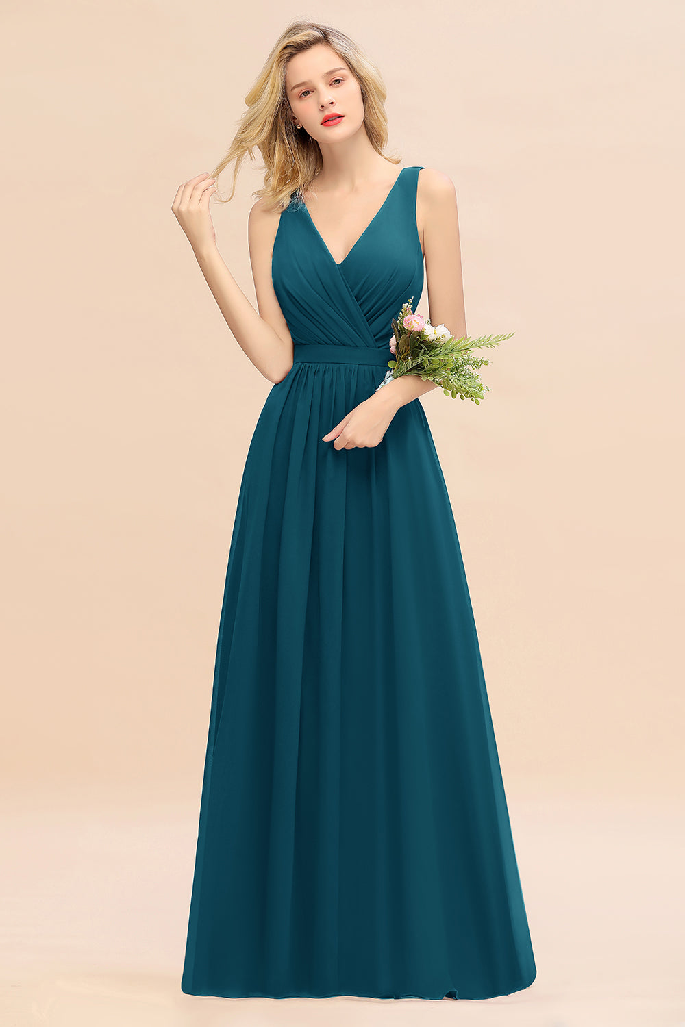 Elegant Chiffon V-neck Wide Straps A-line Floor Length Bridesmaid Dress With Bowknot