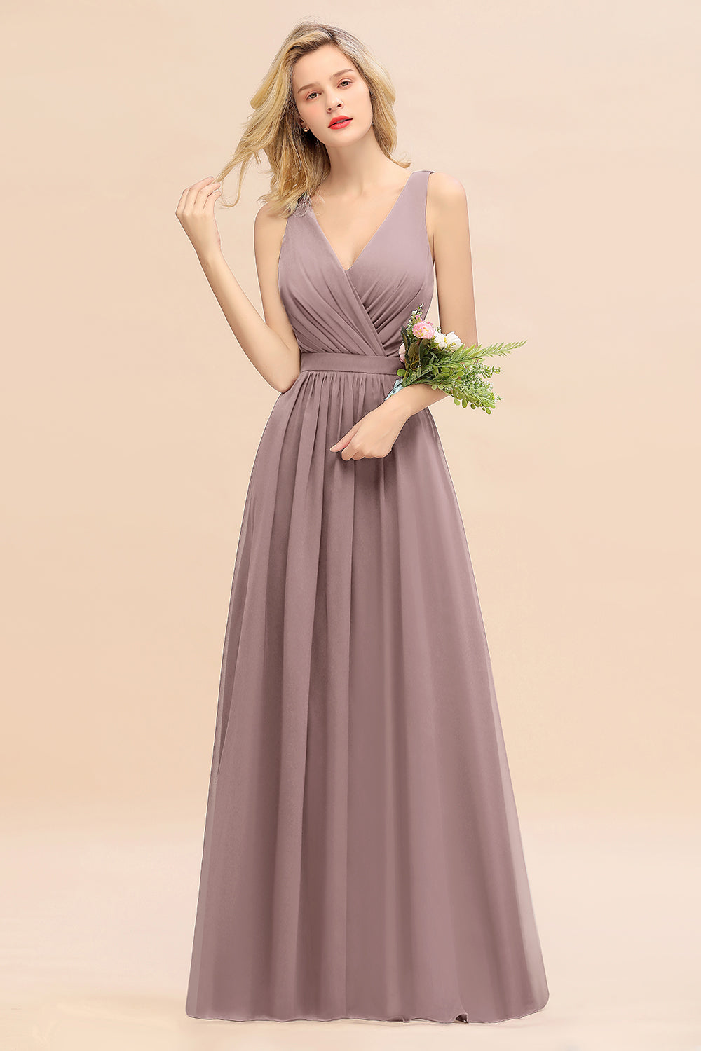 Elegant Chiffon V-neck Wide Straps A-line Floor Length Bridesmaid Dress With Bowknot