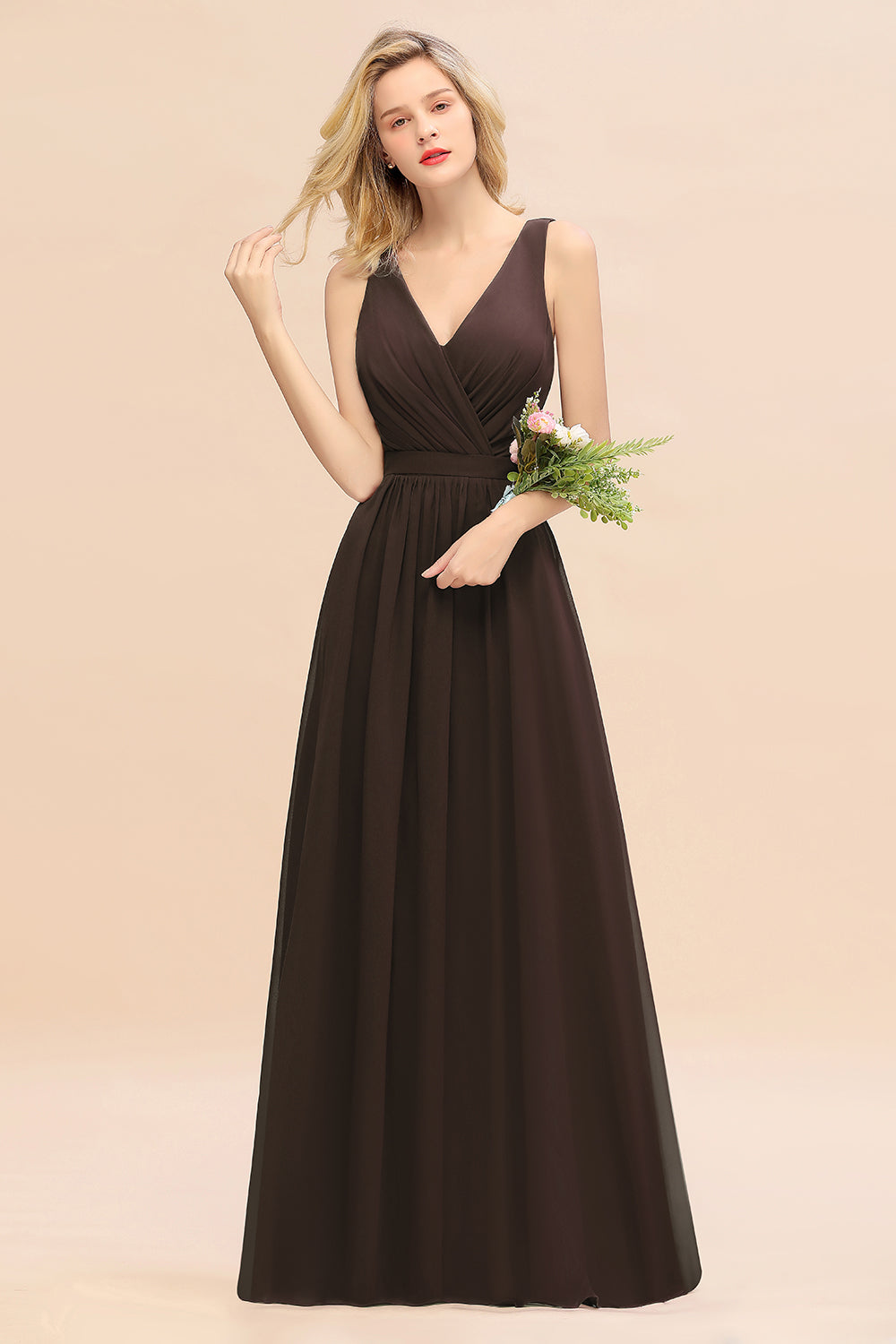 Elegant Chiffon V-neck Wide Straps A-line Floor Length Bridesmaid Dress With Bowknot