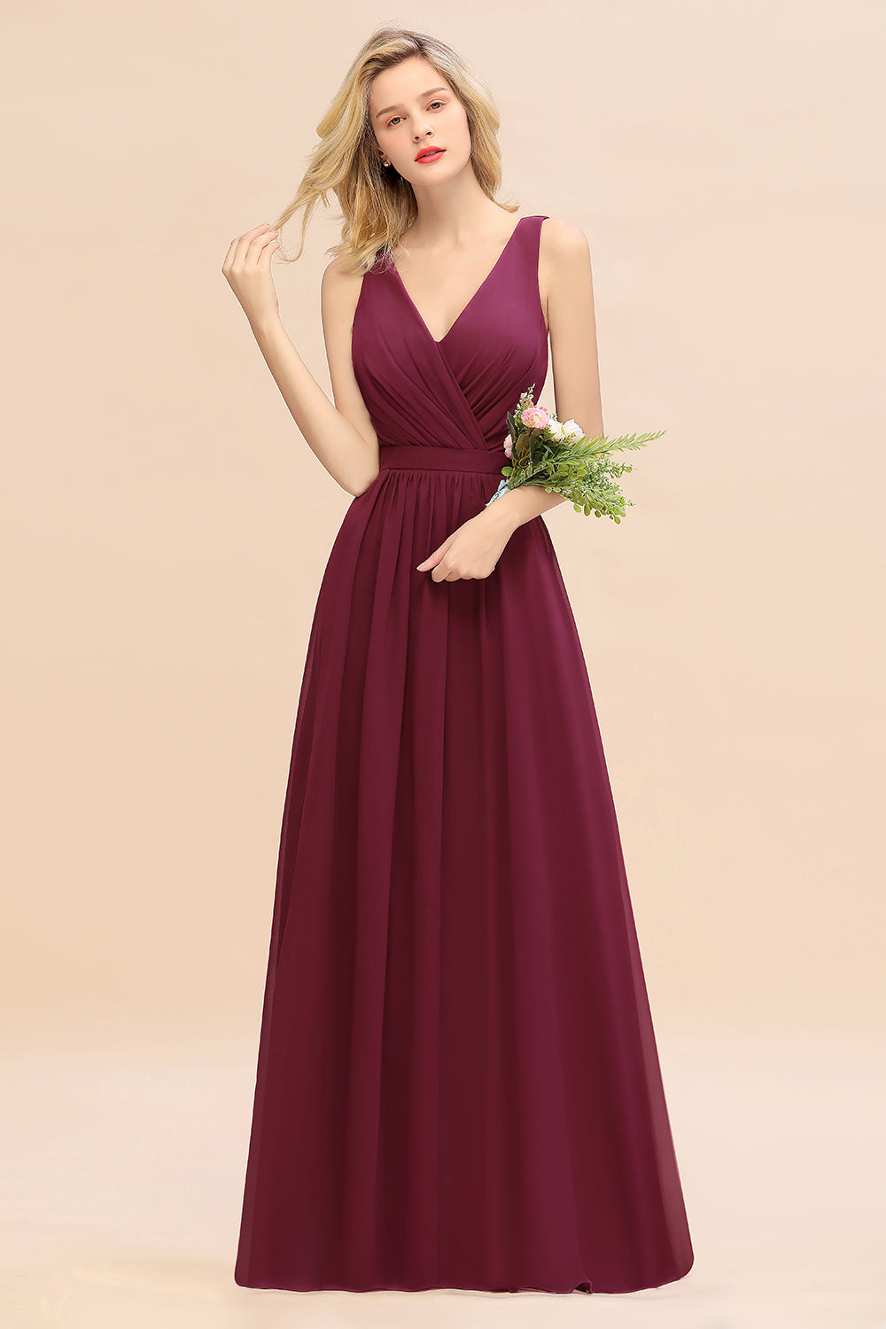 Elegant Chiffon V-neck Wide Straps A-line Floor Length Bridesmaid Dress With Bowknot