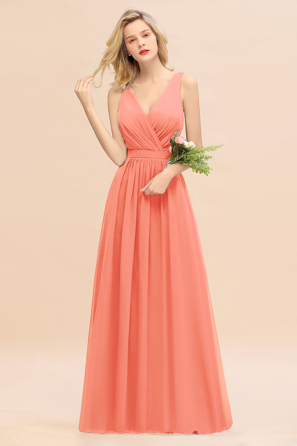 Elegant Chiffon V-neck Wide Straps A-line Floor Length Bridesmaid Dress With Bowknot