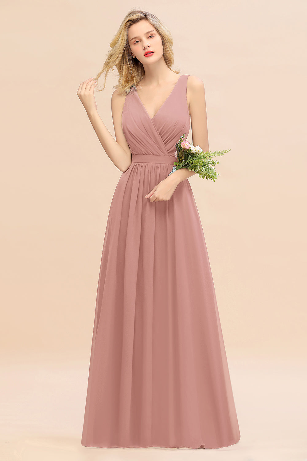Elegant Chiffon V-neck Wide Straps A-line Floor Length Bridesmaid Dress With Bowknot