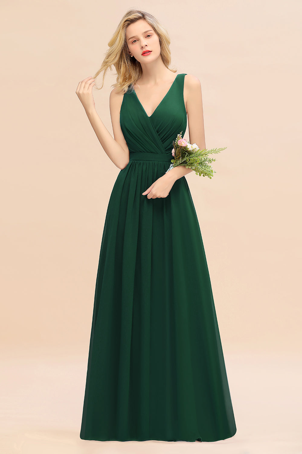 Elegant Chiffon V-neck Wide Straps A-line Floor Length Bridesmaid Dress With Bowknot