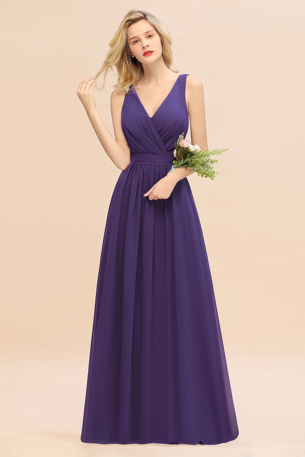Elegant Chiffon V-neck Wide Straps A-line Floor Length Bridesmaid Dress With Bowknot