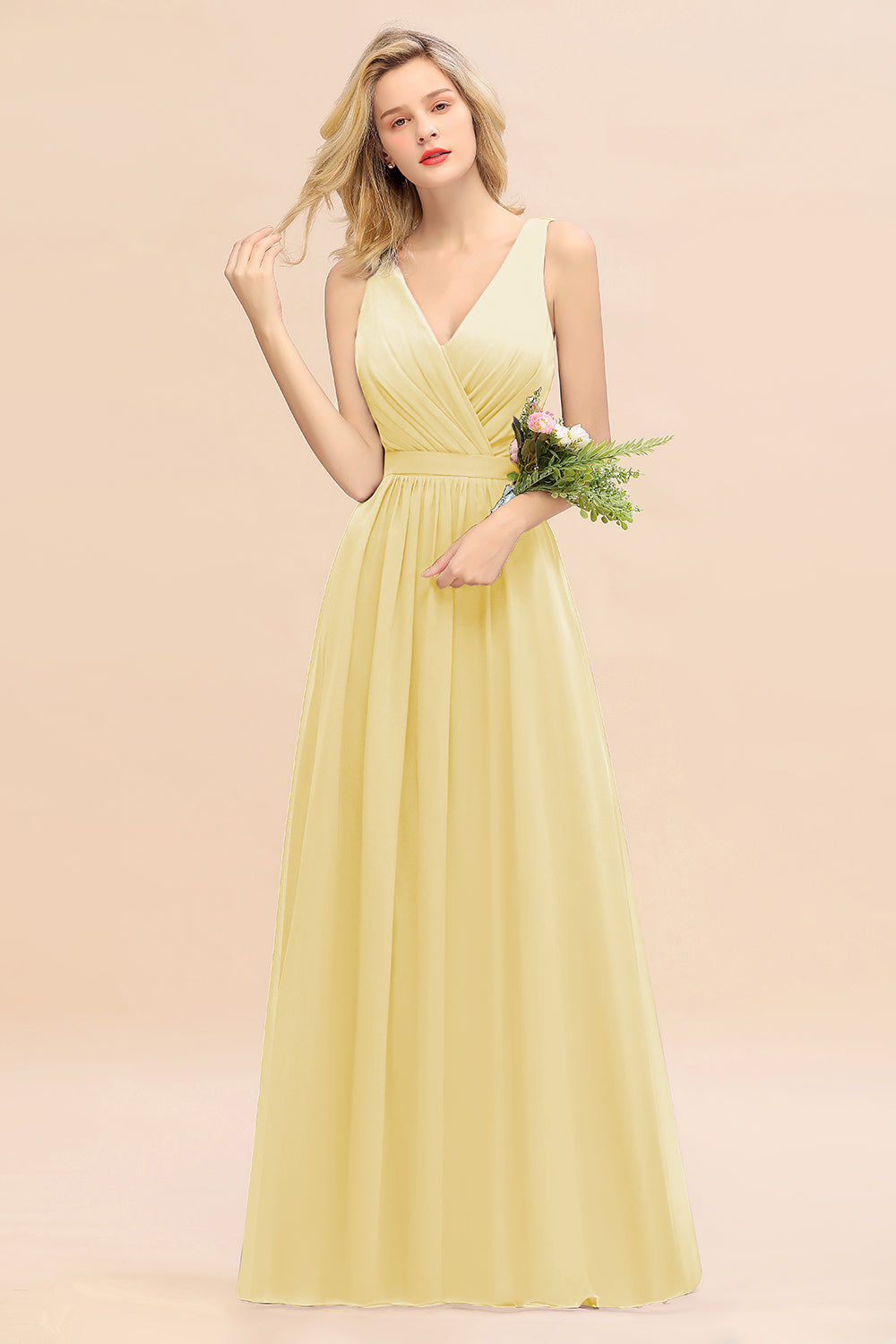Elegant Chiffon V-neck Wide Straps A-line Floor Length Bridesmaid Dress With Bowknot