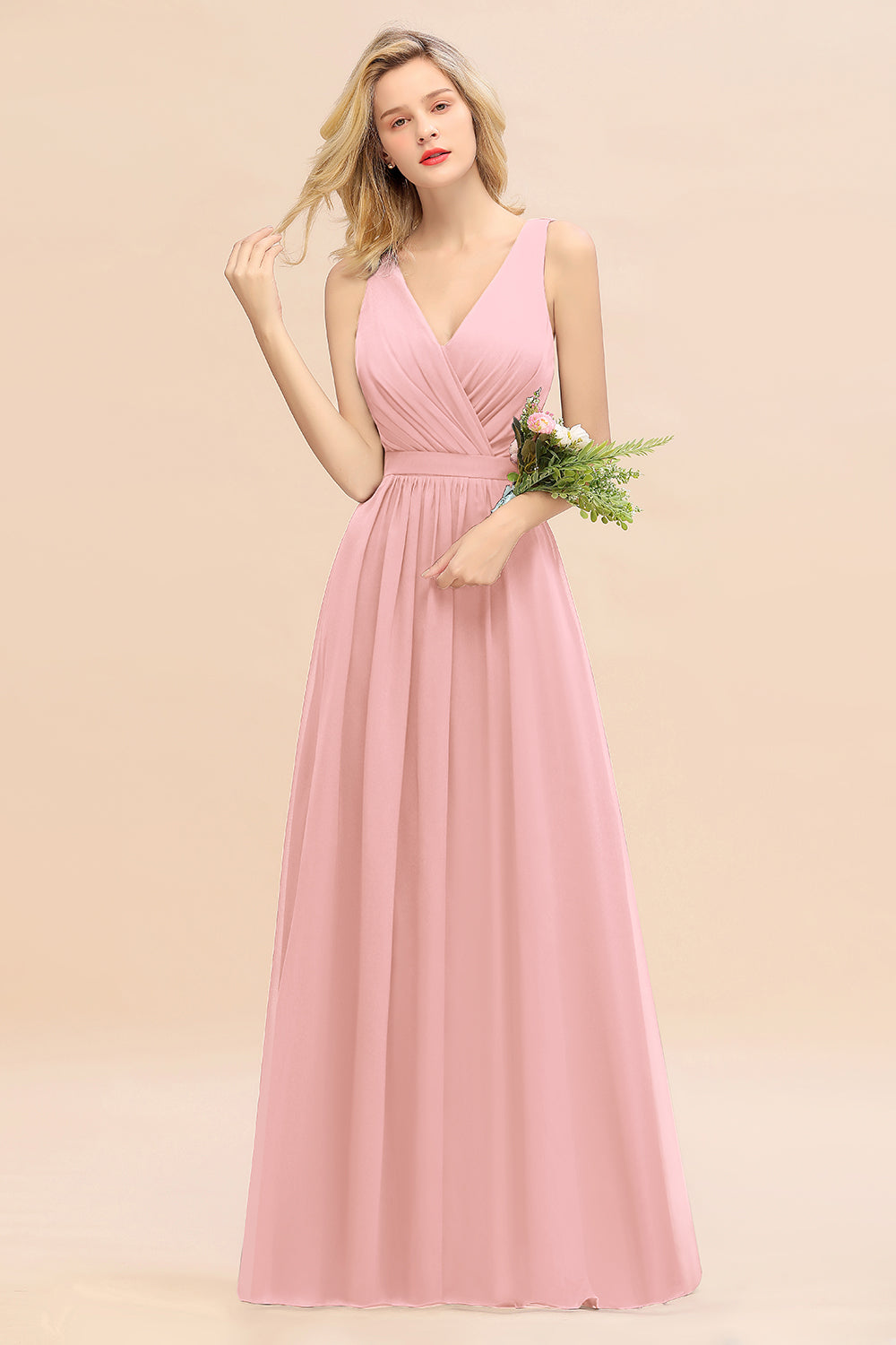 Elegant Chiffon V-neck Wide Straps A-line Floor Length Bridesmaid Dress With Bowknot