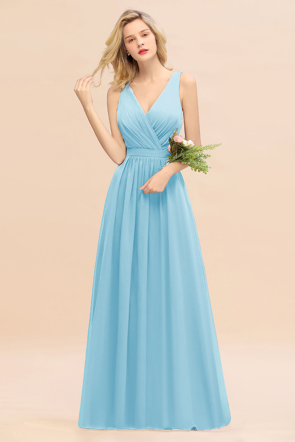 Elegant Chiffon V-neck Wide Straps A-line Floor Length Bridesmaid Dress With Bowknot