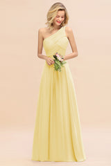 Elegant Daffodil A-line Chiffon Ruffles One Shoulder Long Bridesmaid Dress