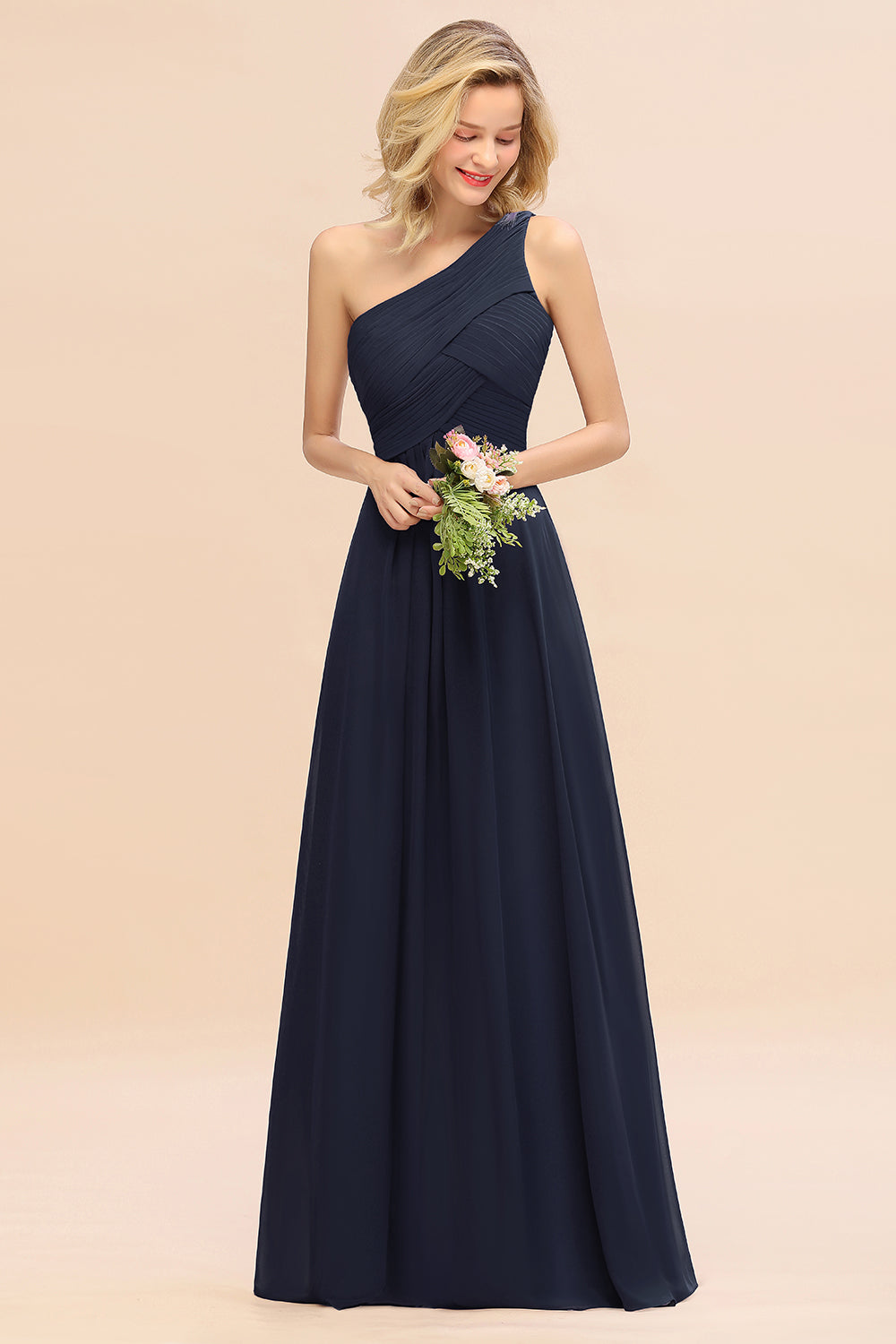 Elegant Dark Navy A-line Chiffon Ruffles One Shoulder Long Bridesmaid Dress
