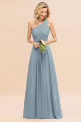 Elegant Dusty Blue A-line Chiffon Ruffles One Shoulder Long Bridesmaid Dress