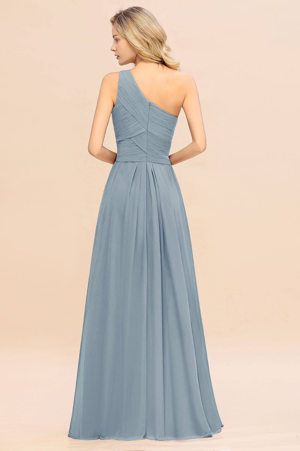 Elegant Dusty Blue A-line Chiffon Ruffles One Shoulder Long Bridesmaid Dress